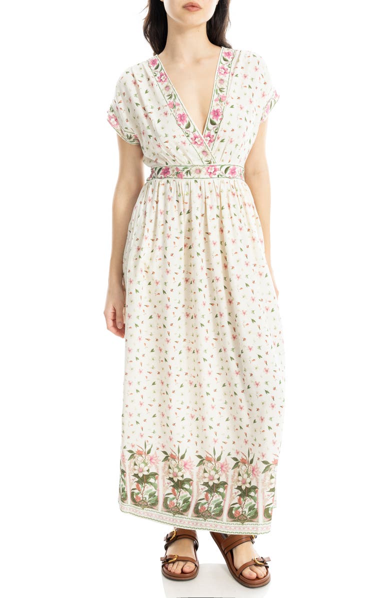 MAX STUDIO Surplice Neck Short Sleeve Maxi Dress, Alternate, color, Cream/ Pink Magnolia