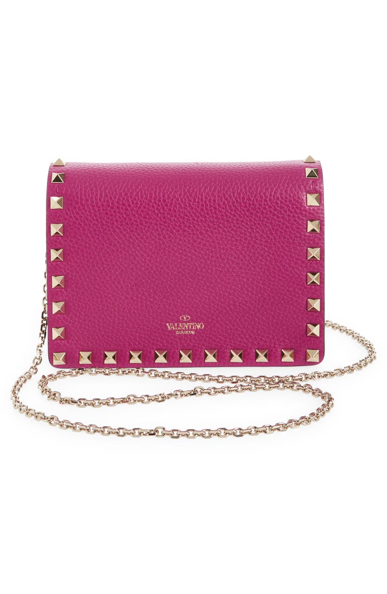Valentino Garavani Rockstud Leather Pouch Wallet on a Chain, Alternate, color, 