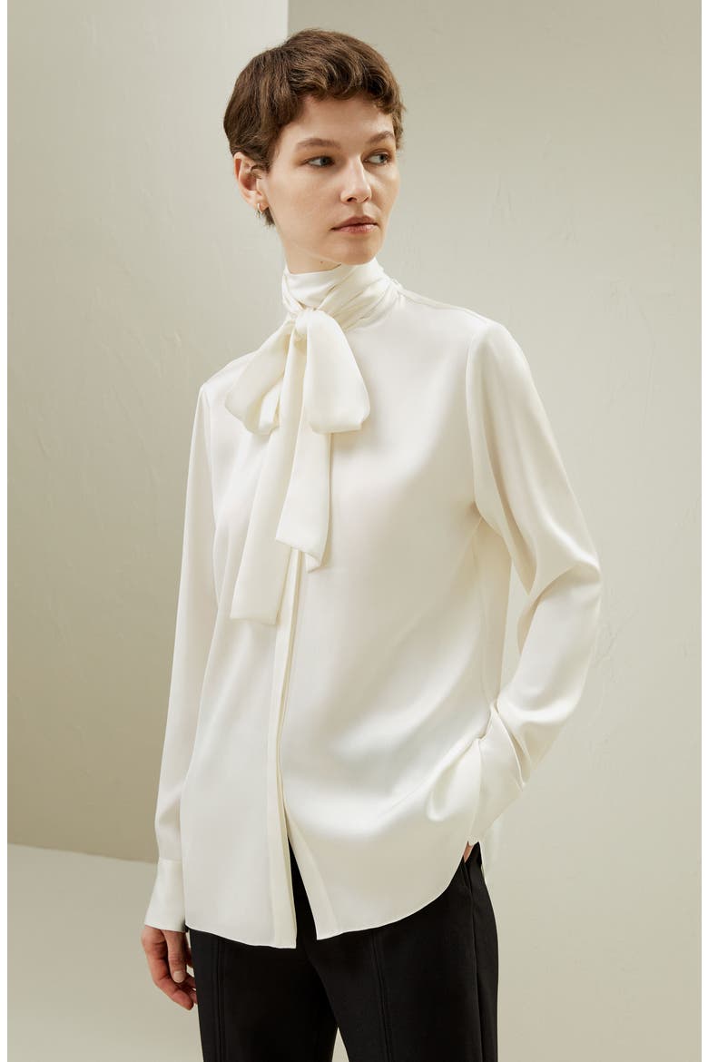 Women's Silk Turtleneck Ribbon Blouse, Alternate, color, Natural white