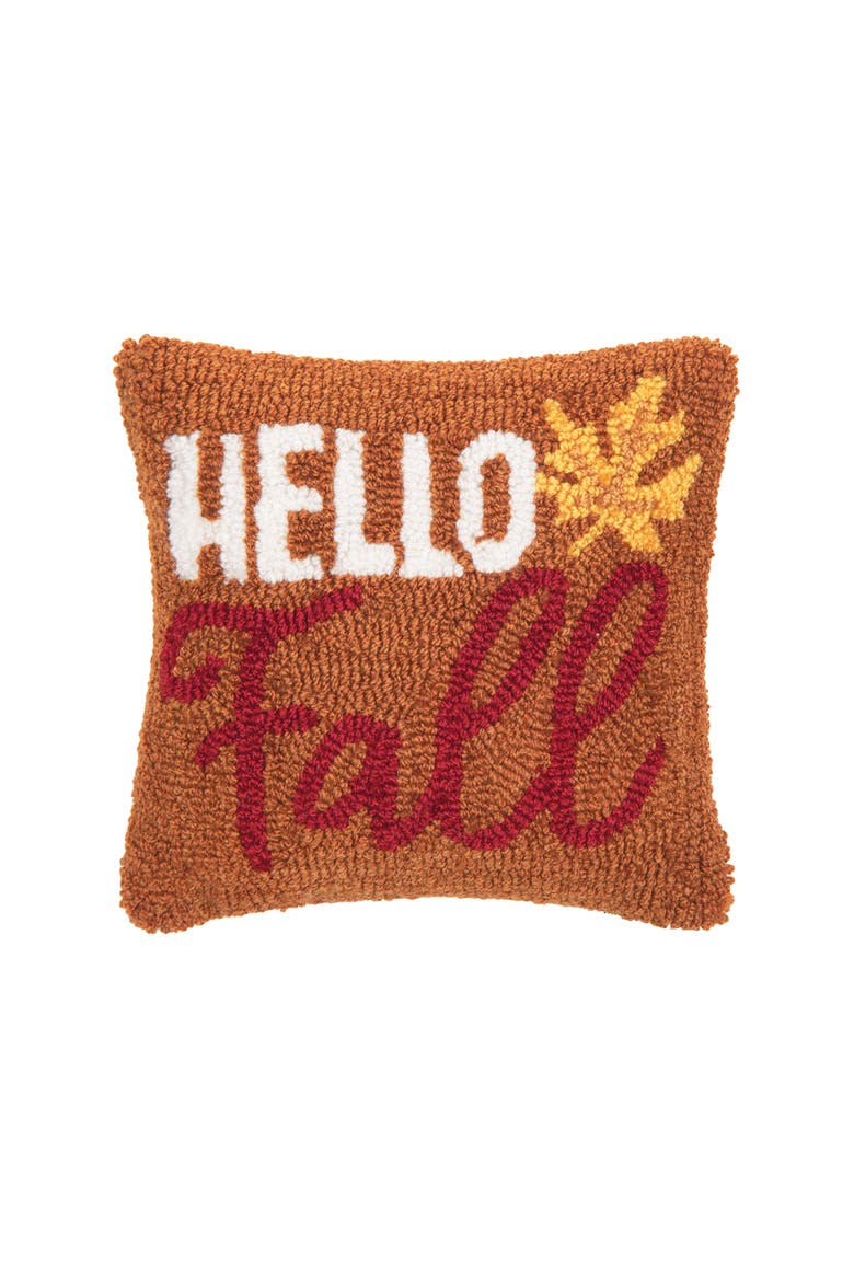 Harvest "Hello Fall" Leaf Hooked Mini Accent Pillow 10" x 10", Main, color, Brown