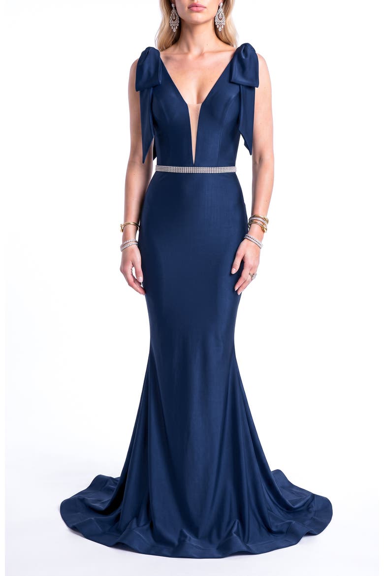 Bow Shoulder Plunge Mermaid Evening Gown, Alternate, color, Navy