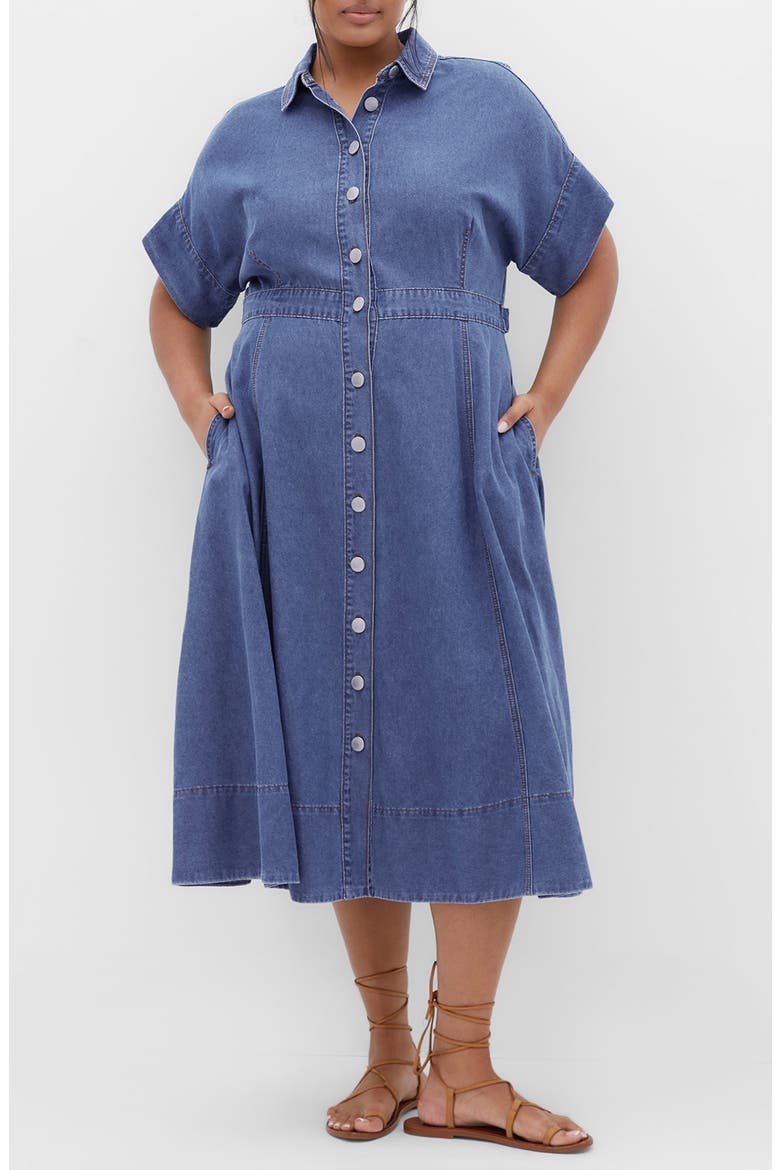 Cassidy Short Sleeve Denim Shirtdress, Main, color, MID WASH