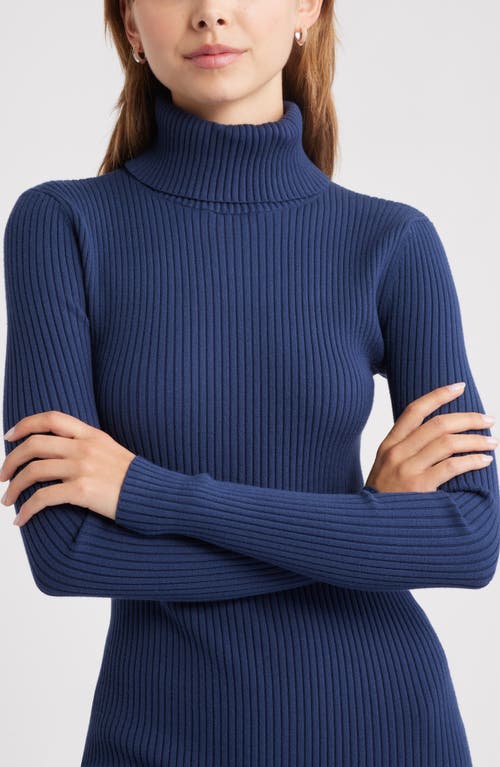 Open Edit Rib Long Sleeve Turtleneck Sweater Dress In Blue