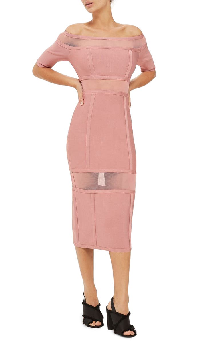 Topshop Sheer Panel Off the Shoulder Body-Con Midi Dress, Main, color, 