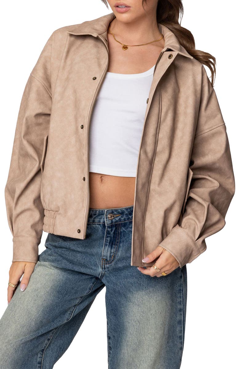 EDIKTED Mori Oversize Faux Leather Jacket, Main, color, Beige