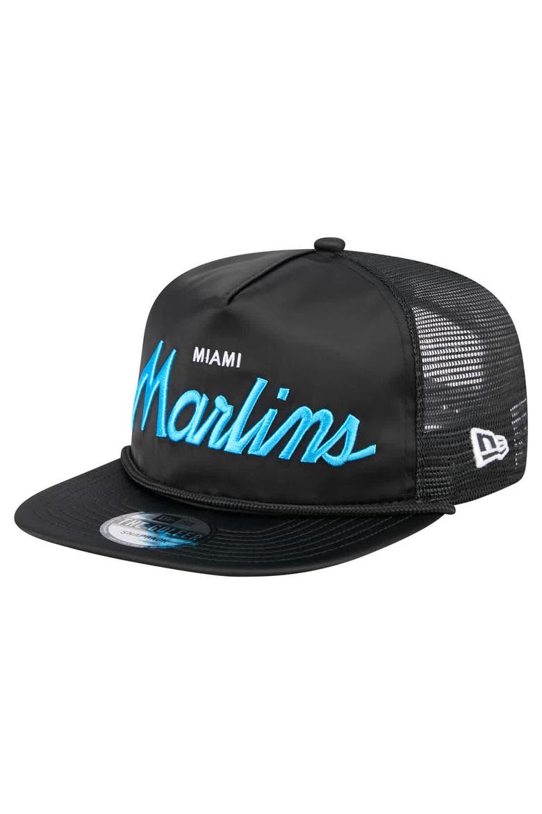 Men's New Era Black Miami Marlins Retro Satin Script Golfer Adjustable Hat, Main, color, Black