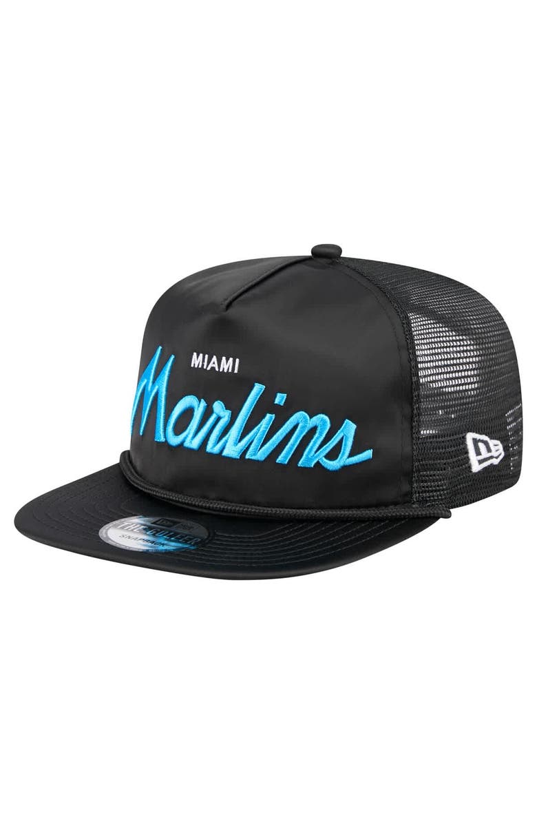 New Era Men's New Era Black Miami Marlins Retro Satin Script Golfer Adjustable Hat, Main, color, Black