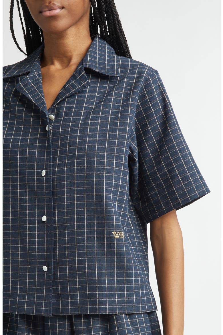 London Windowpane Check Stretch Linen Bowling Shirt, Alternate, color, NAVY / IVORY / RUST