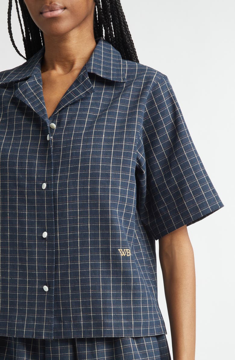 Wales Bonner London Windowpane Check Stretch Linen Bowling Shirt, Alternate, color, Navy / Ivory / Rust