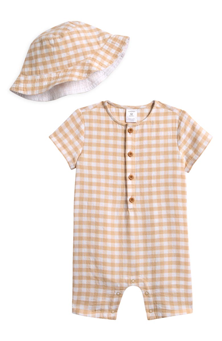 Nordstrom Print Cotton Henley Romper & Hat Set, Main, color, Tan Shore Gingham