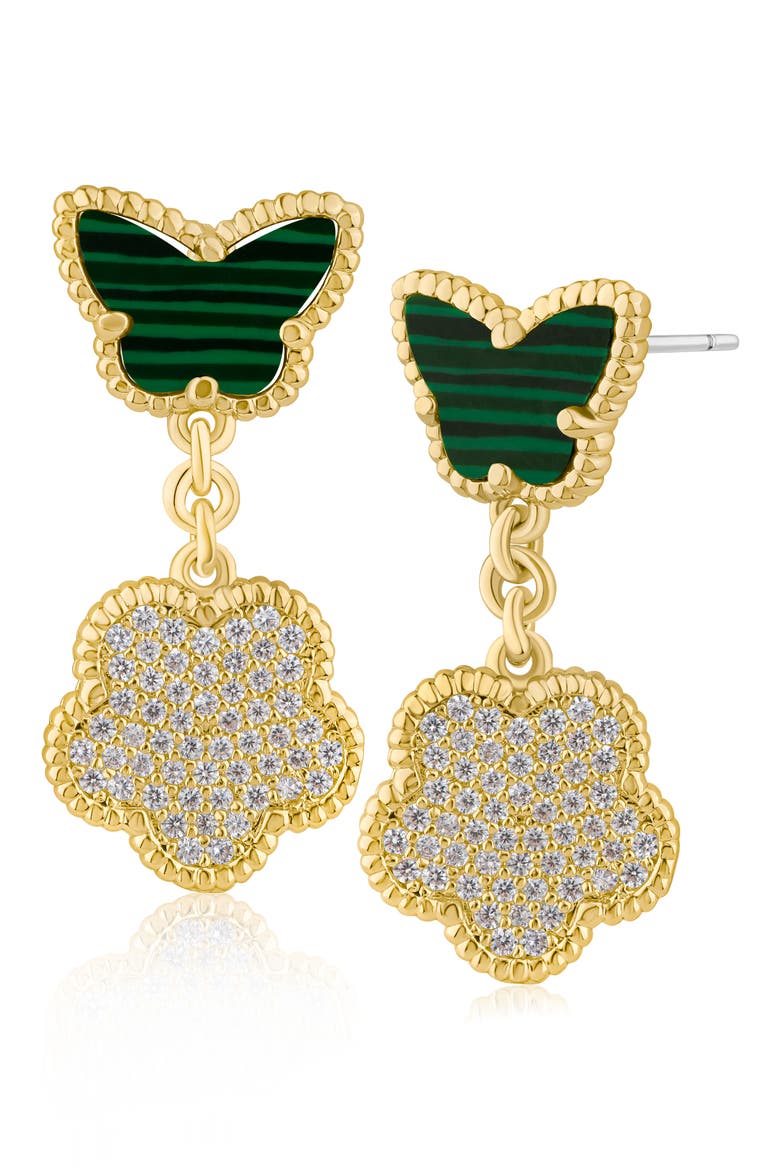 Stone Butterfly & Pavé Cubic Zirconia Clover Drop Earrings, Main, color, GREEN/ CLEAR GOLD
