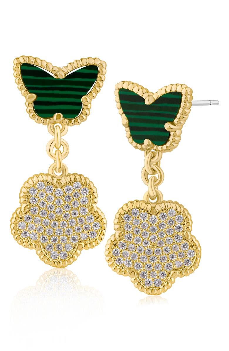 CZ by Kenneth Jay Lane Stone Butterfly & Pavé Cubic Zirconia Clover Drop Earrings, Main, color, Green/ Clear Gold