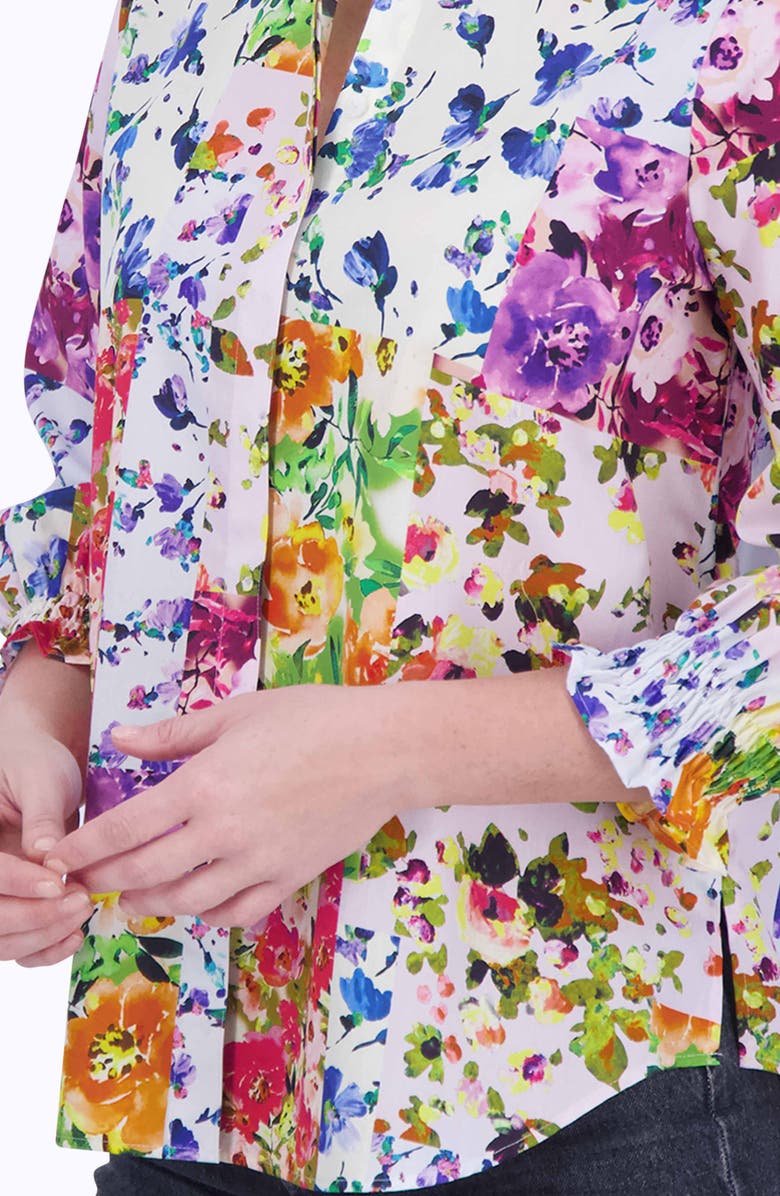 Foxcroft Olivia Floral Ruffle Sleeve Button-Up Shirt, Alternate, color, Blue/ Yellow Multi