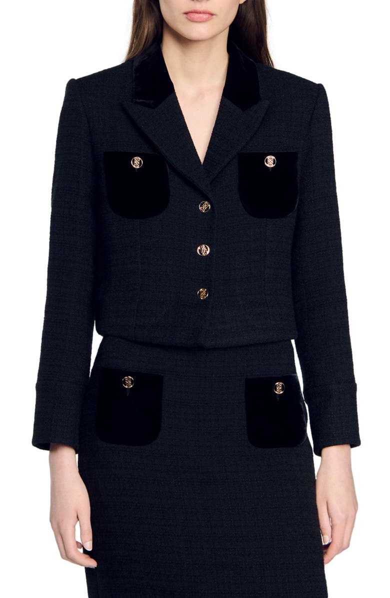 SANDRO Velvet tweed cropped jacket, Main, color,