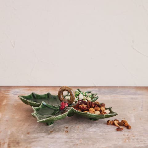 Ceramic Holly Leaf Shaped Dish with 4 Sections and Handle