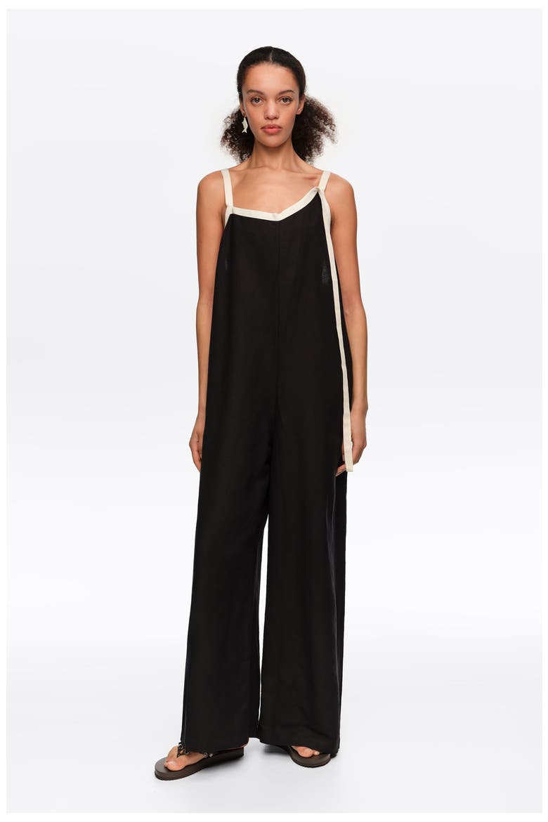 Straight Jumpsuit With Contrasting Straps, Alternate, color, BLACK