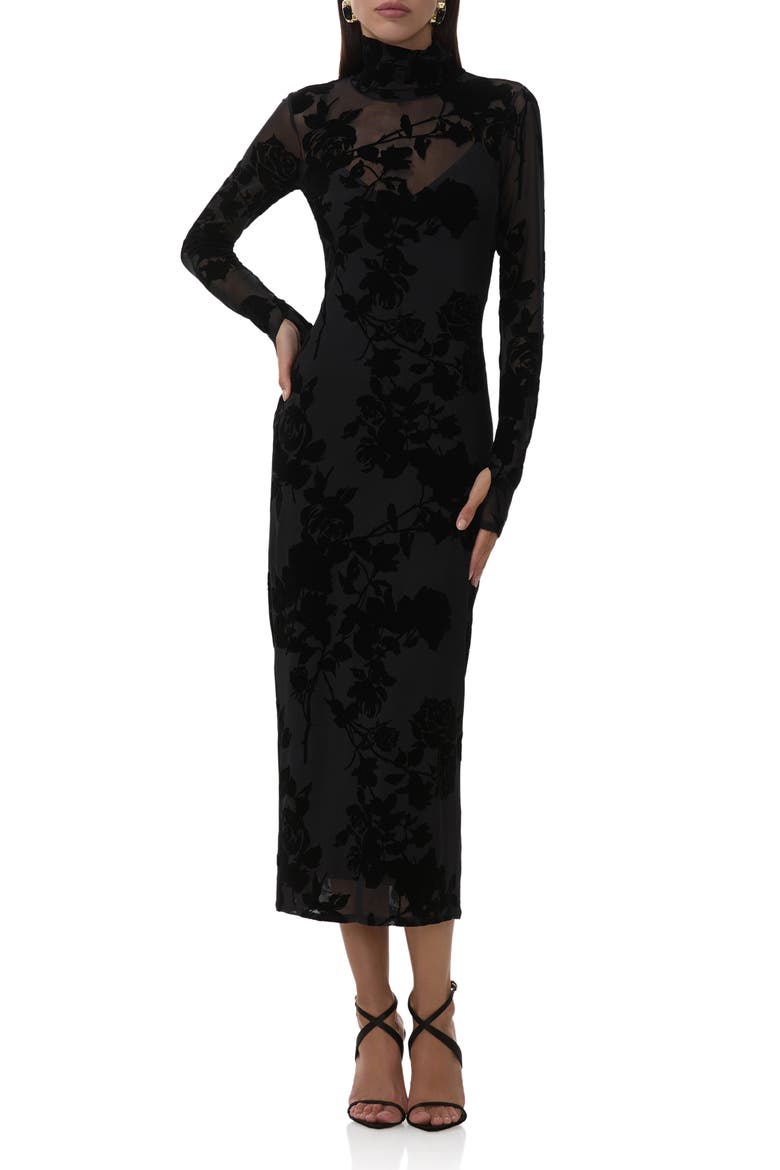Shailene Flocked Long Sleeve Mesh Midi Dress, Main, color, NOIR