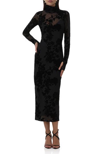 Afrm Shailene Flocked Long Sleeve Mesh Midi Dress In Black