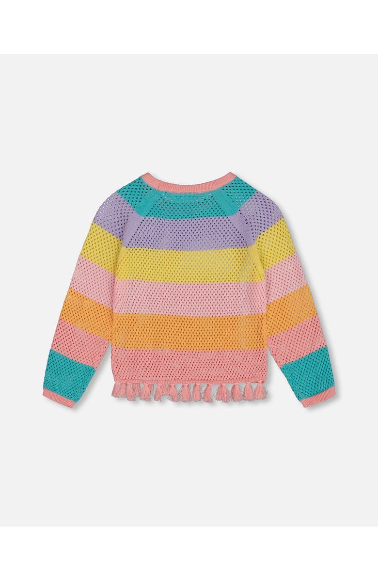 Deux par Deux Little Girl's Cotton Sweater With Fringe Multicolor Stripes, Alternate, color, 