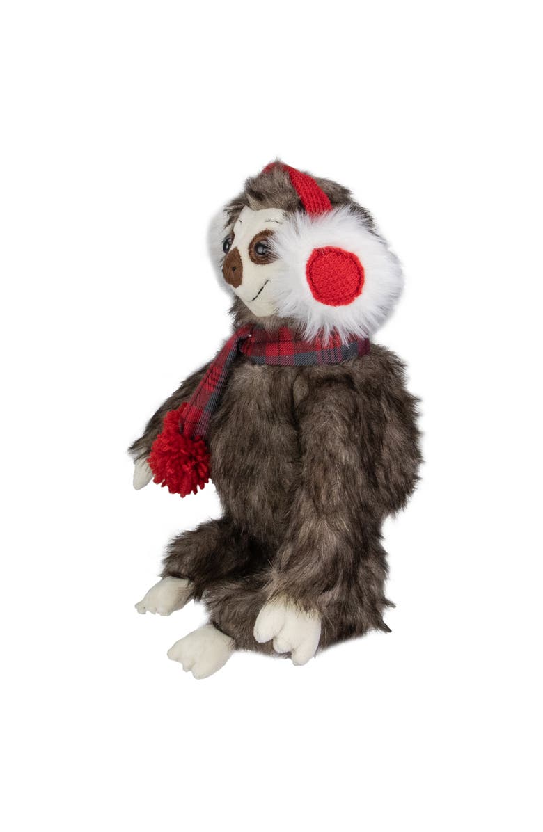 Northlight Plush Sitting Winter Sloth with Plaid and Pom Pom Scarf Christmas Figure - 12", Alternate, color, Brown