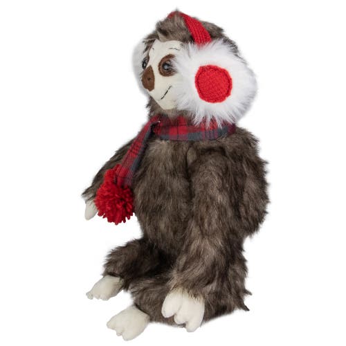Northlight Plush Sitting Winter Sloth With Plaid And Pom Pom Scarf Christmas Figure In Brown