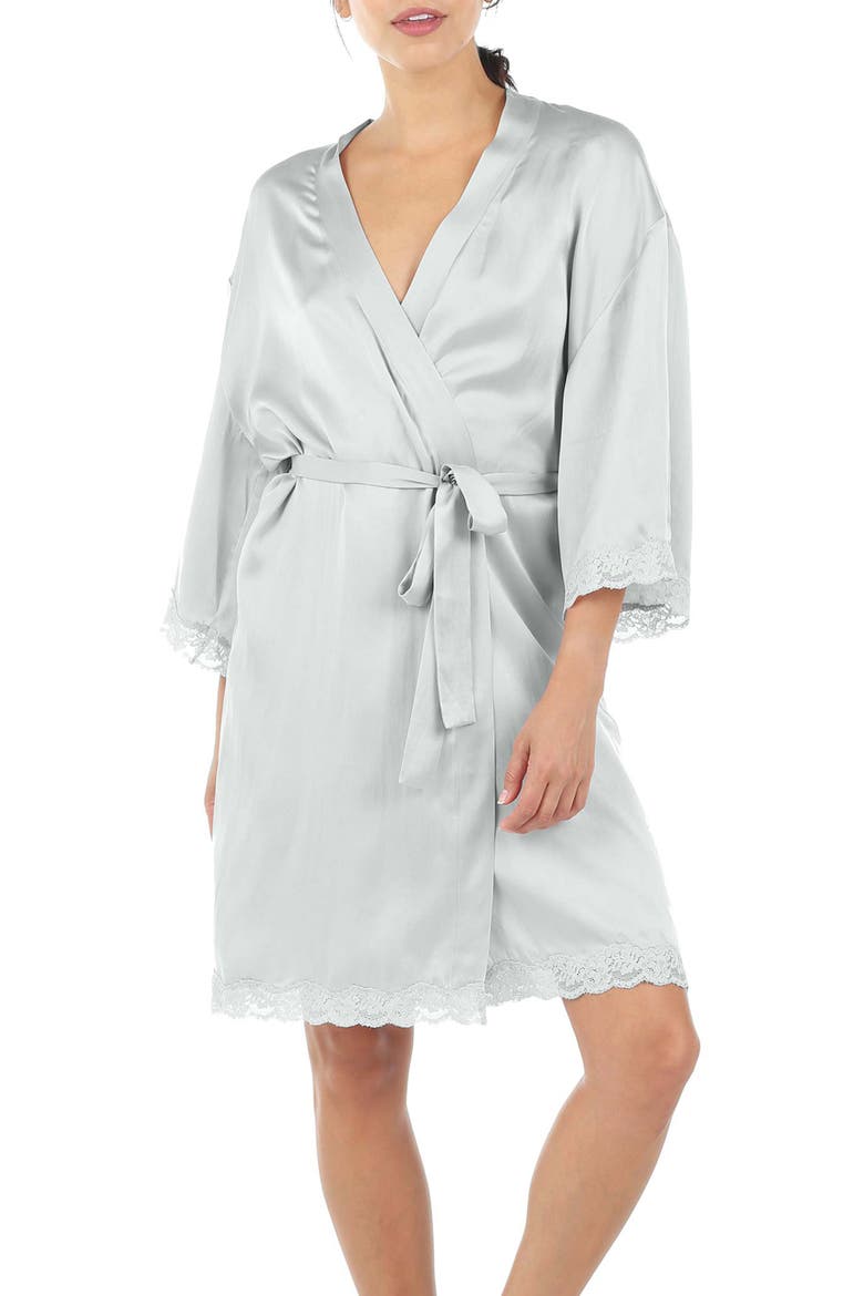 Lace Trim Silk Short Robe, Main, color, SAGE