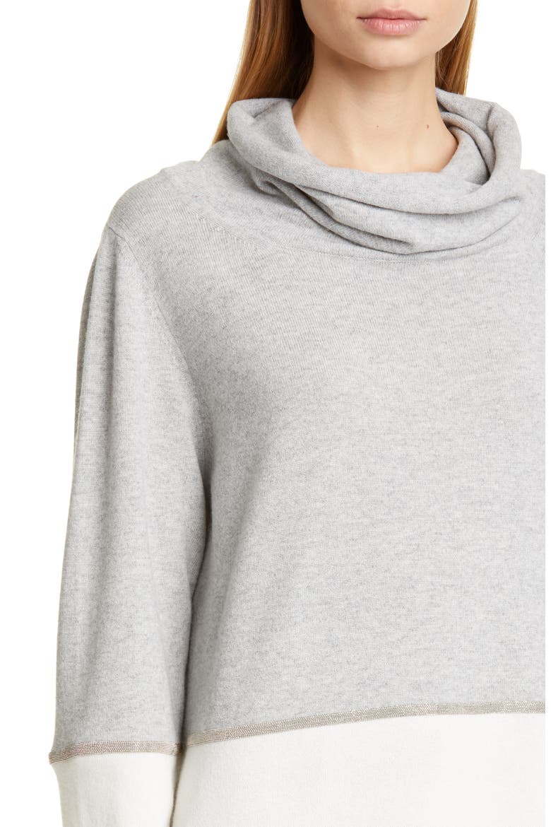 Bicolor Chain Trim Wool, Silk and Cashmere Sweater, Alternate, color, GREY/ WHITE