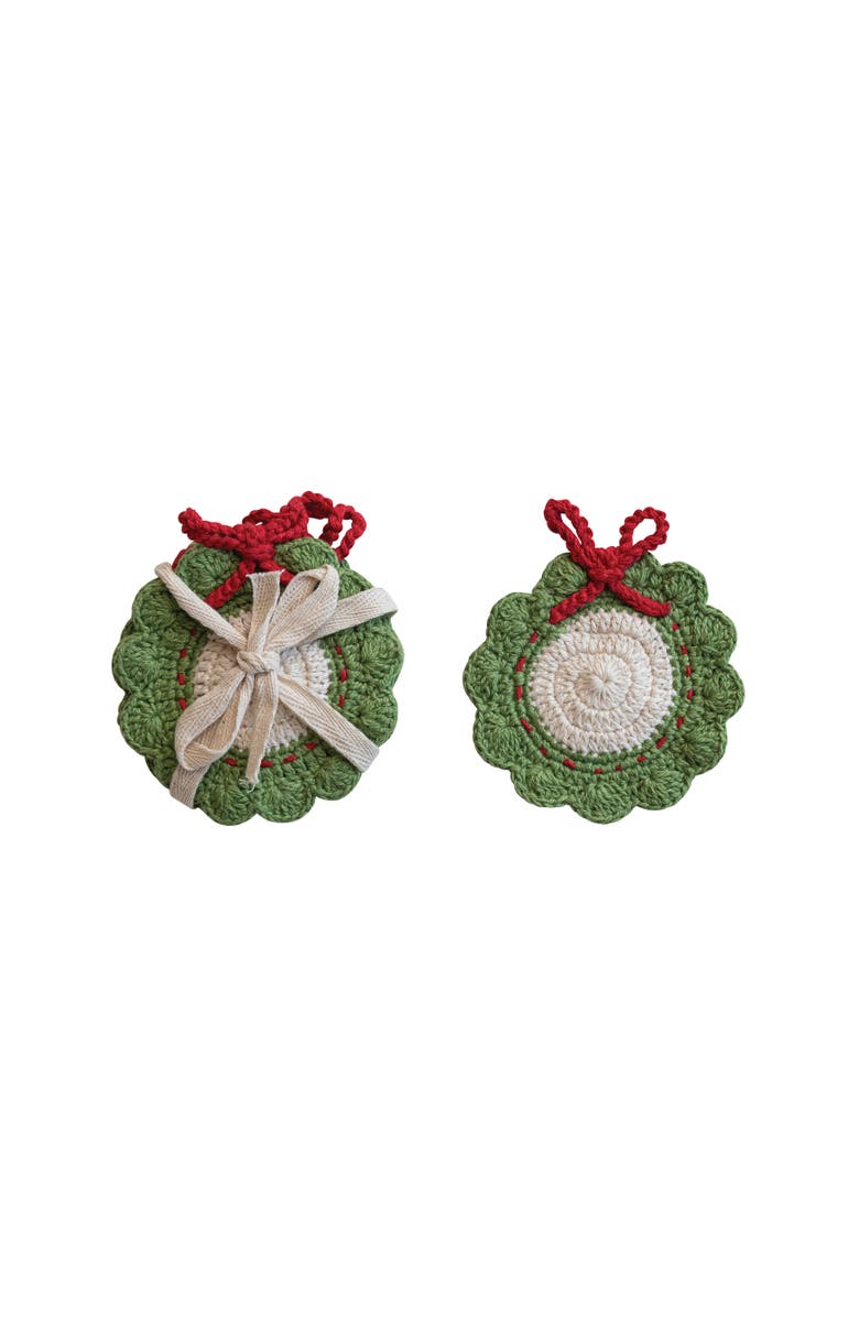 Storied Home Cotton Crocheted Wreath Shaped Coasters, Green, Red and White, Set of 4, Main, color, Red