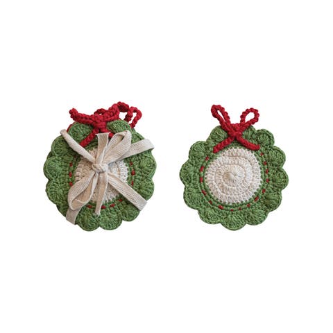 Cotton Crocheted Wreath Shaped Coasters, Green, Red and White, Set of 4