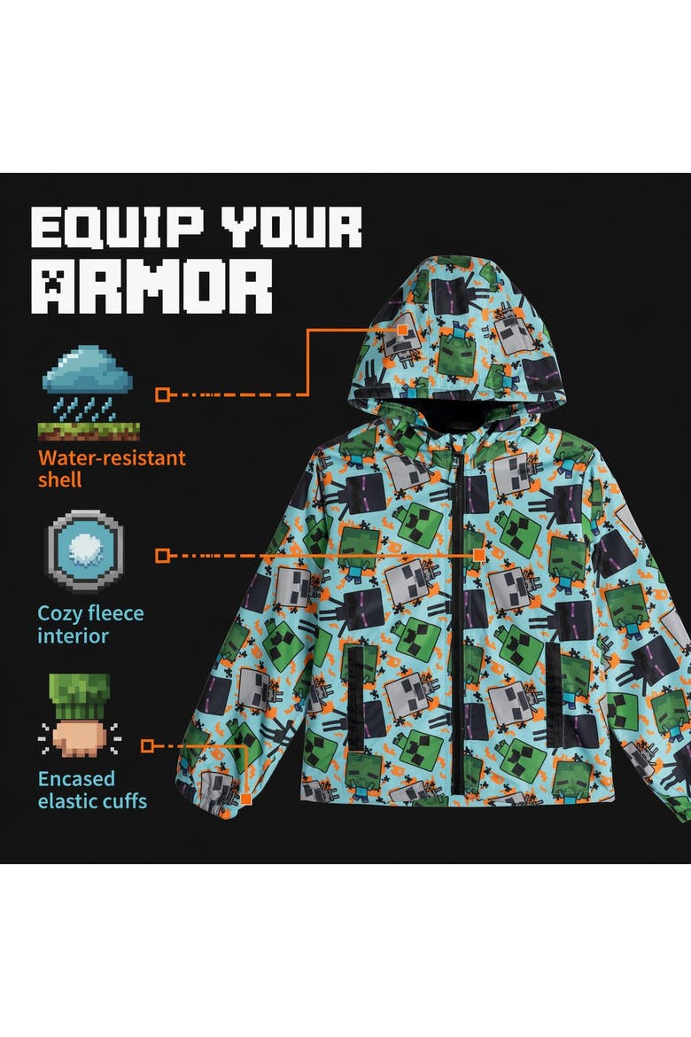 Hooded Zip-up Rain Jacket (little Kid & Big Kid), Alternate, color, Minecraft Light Blue