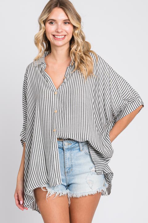 Striped Button Up Dolman Top