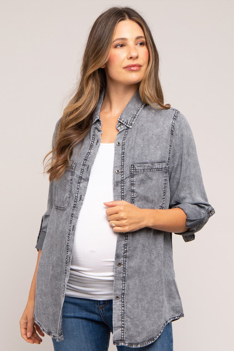 Blue Chambray Rolled Cuff Shirt, Alternate, color, Charcoal Grey