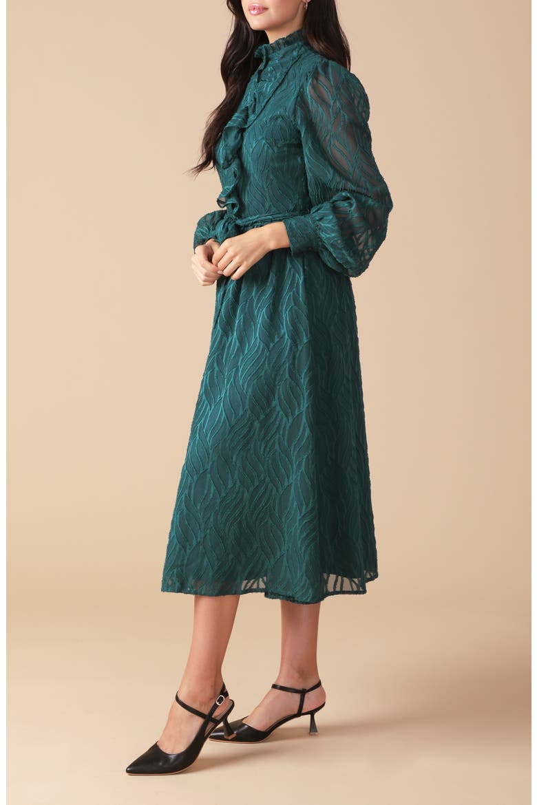 Solid Long Sleeve Ruffle Midi Dress, Alternate, color, DARK GREEN