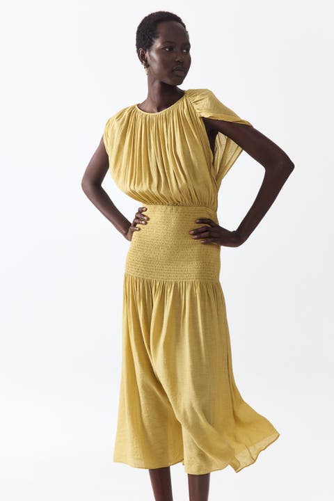 Smocked Cape-detail Dress