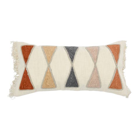 Embroidered Cotton Lumbar Pillow with Fringe, Terracotta Multicolor