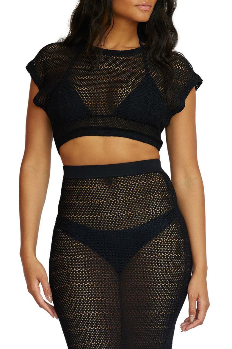 Renee Open Stitch Cover-Up Crop Top, Main, color, BLACK