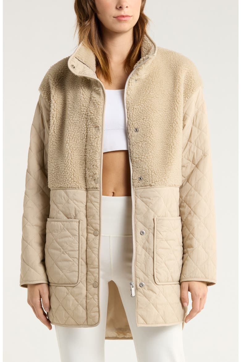 Faux Shearling Hybrid Quilted Long Jacket, Main, color, TAN OXFORD
