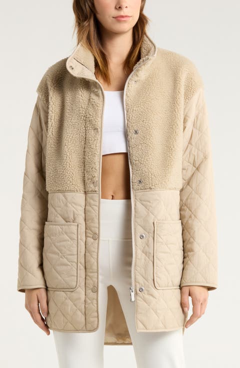 Faux Shearling Trim Quilted Long Jacket