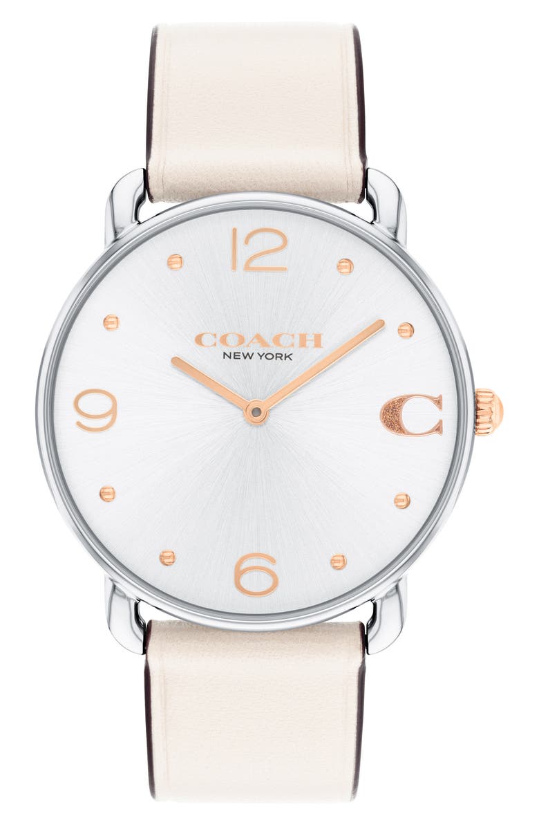 COACH Elliot Leather Strap Watch, 36mm, Main, color, Silver White