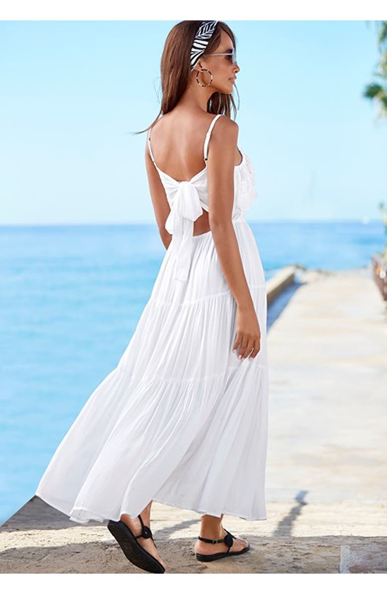 LASCANA Women's Ruffle Tie Back Maxi Dress, Alternate, color, White