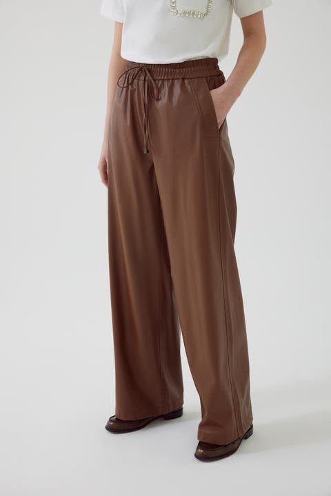 Vegan Leather Trousers With Pockets And Elastic Waist