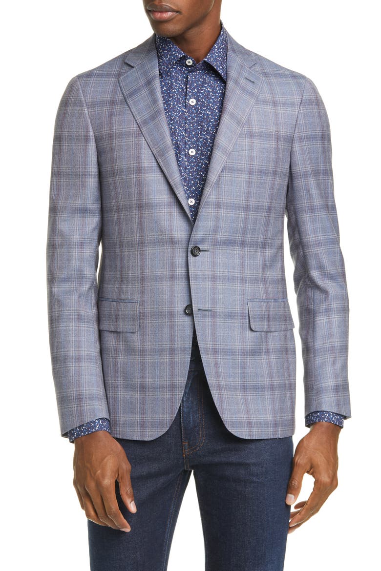 Kei Trim Fit Plaid Wool Sport Coat, Main, color, GREY