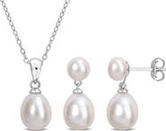 DELMAR 5.5-6mm Cultured Freshwater Pearl Pendant Necklace & Earrings Set