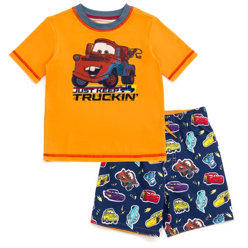 Disney Cars Short Sleeve Rash Guard & Swim Trunks In Multi