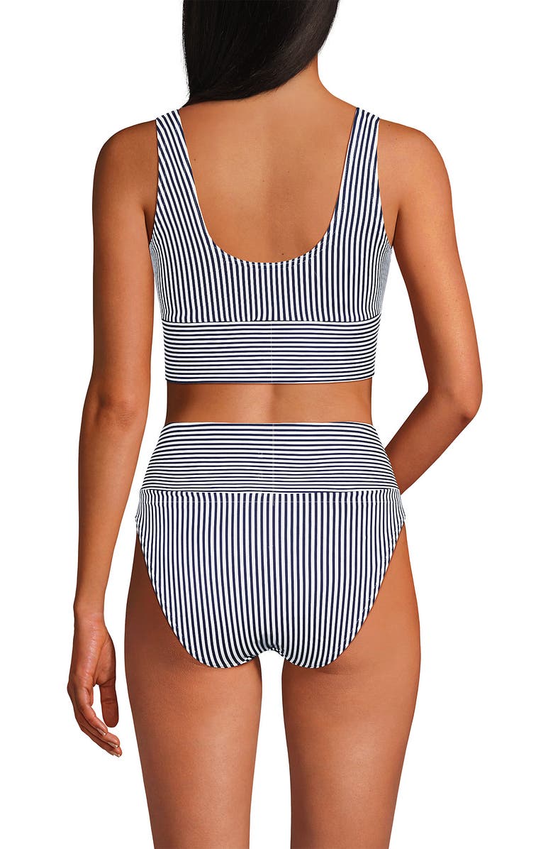 Lands' End Tugless Tankini Top and High Waisted Bottom Swimsuit Set, Alternate, color, Deep Sea Navy Mini Stripe