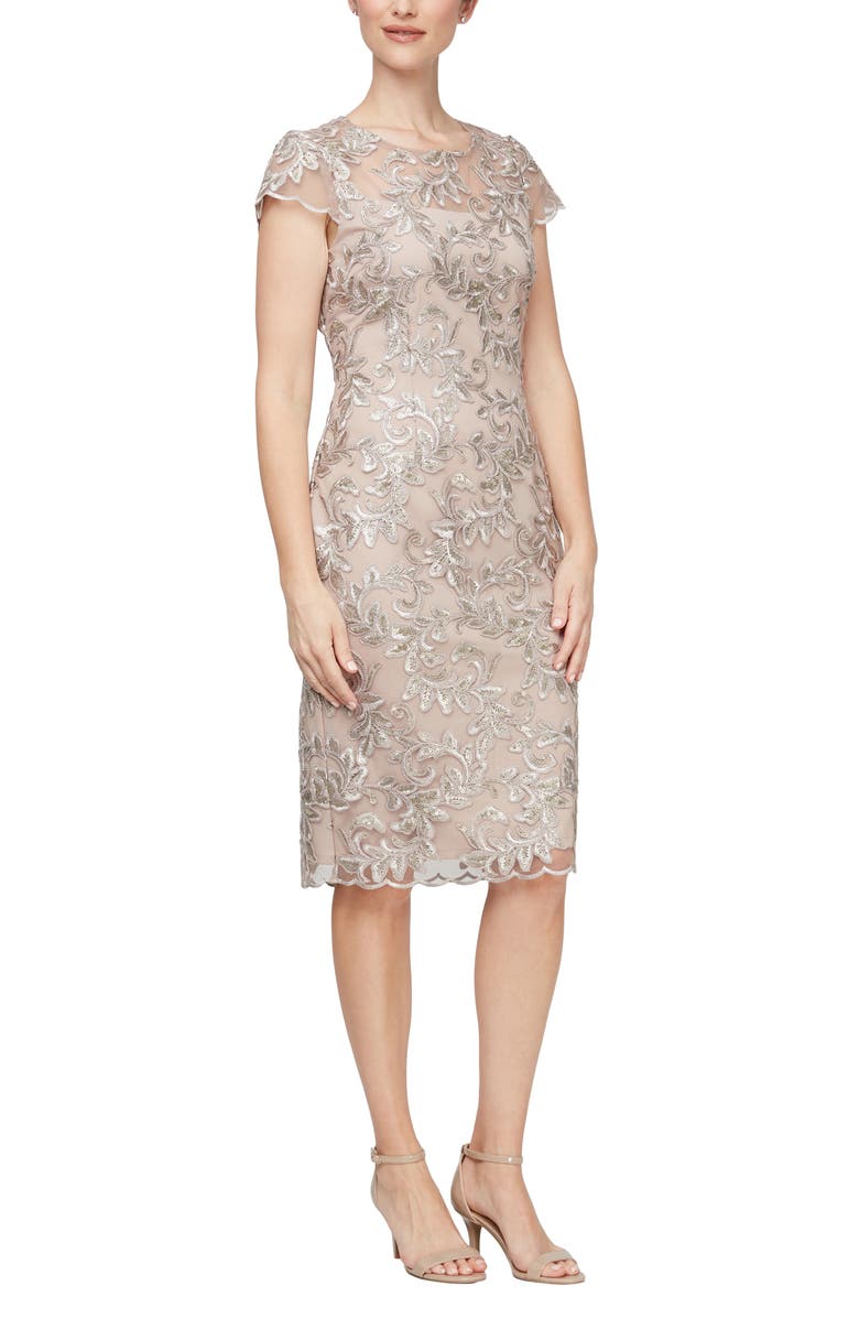 Alex Evenings Embroidered Illusion Yoke Sequin Sheath Cocktail Dress, Main, color,