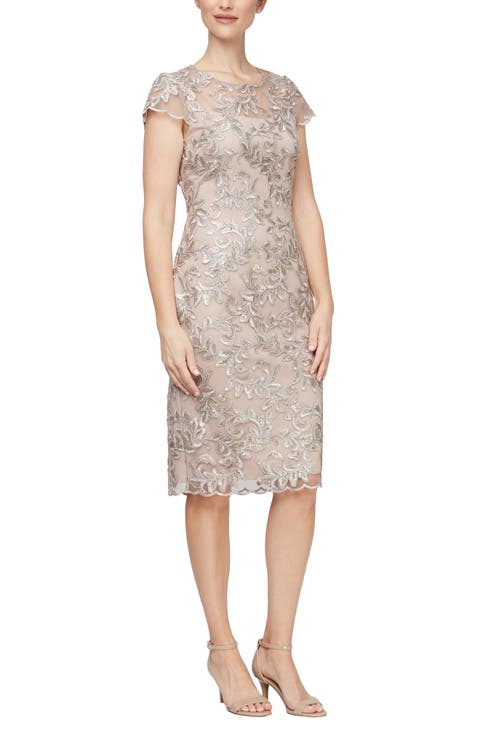 Embroidered Illusion Yoke Sequin Sheath Cocktail Dress