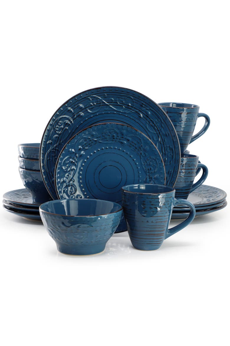 Malibu Deep Ocean 16-Piece Stoneware Dinnerware Set, Main, color, Blue