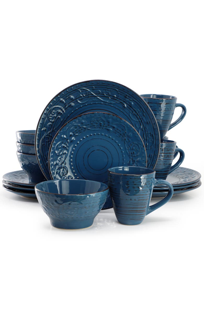 Elama Malibu Deep Ocean 16-Piece Stoneware Dinnerware Set, Main, color, Blue