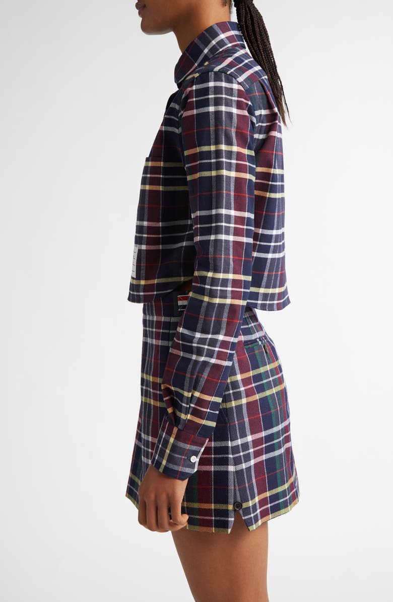 Thom Browne Plaid Crop Cotton Flannel Button-Up Shirt, Alternate, color, 
